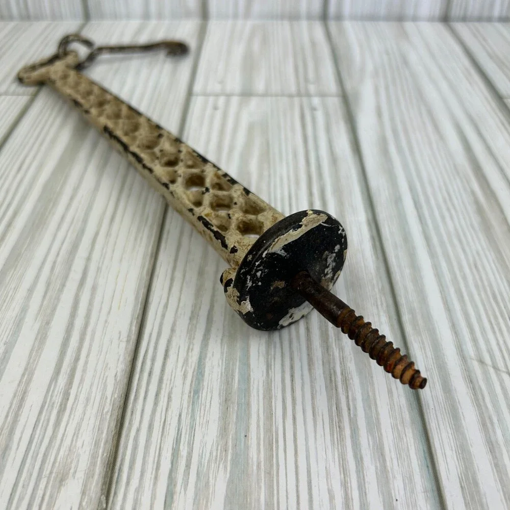 Vintage Cast Iron Wall Hanger Hook Ivory Chippy Rusty Crusty Lattice Screw-In 8